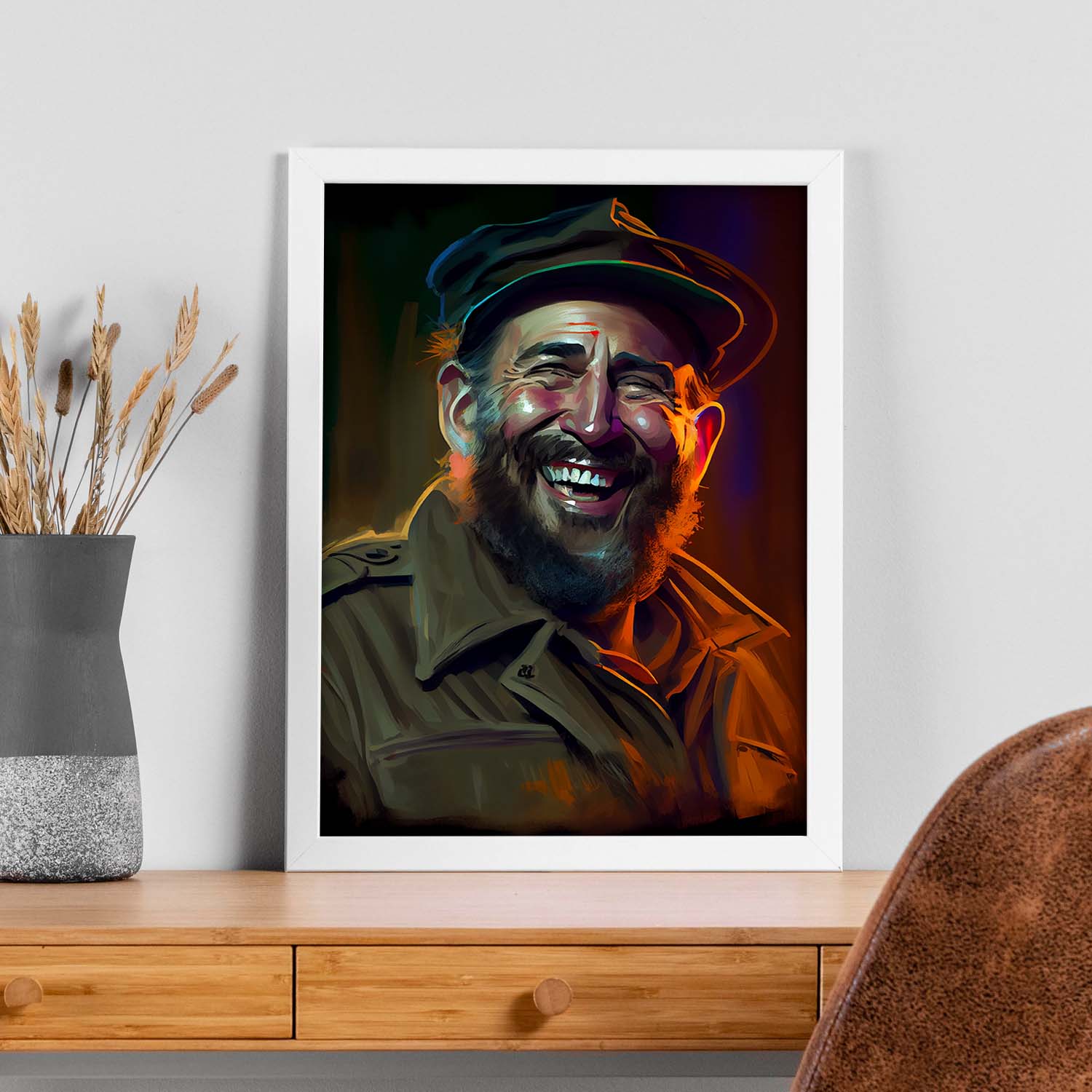Nacnic Fidel Castro sonriendo a la figura dinámica de estilo Pixar. Estampados de arte de pared estético para el diseño de dormitorio o sala de estar.-Artwork-Nacnic-Nacnic Estudio SL