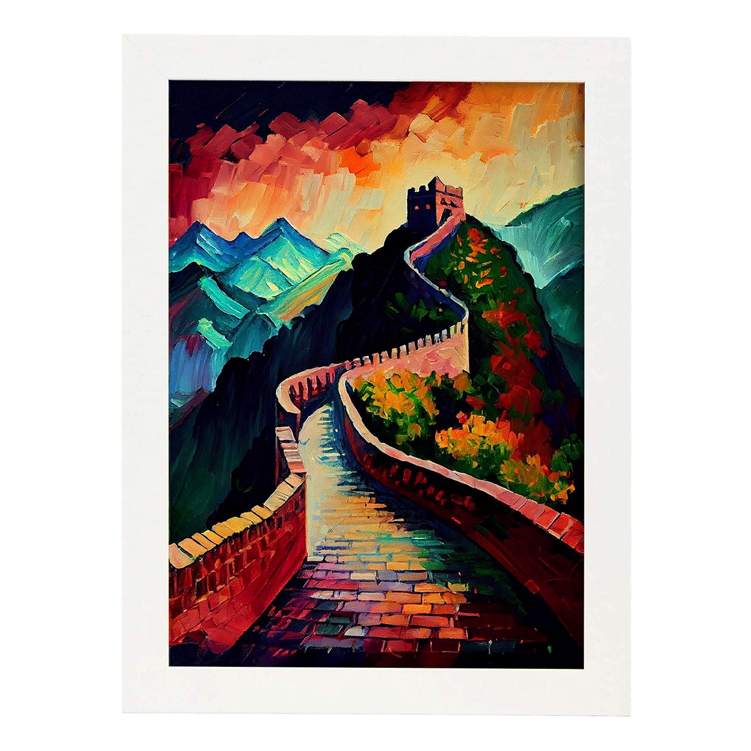 Nacnic Great Wall of China China Pintura al óleo de pinceladas. Estampados de arte de pared estético para el diseño de dormitorio o sala de estar.-Artwork-Nacnic-A4-Marco Blanco-Nacnic Estudio SL