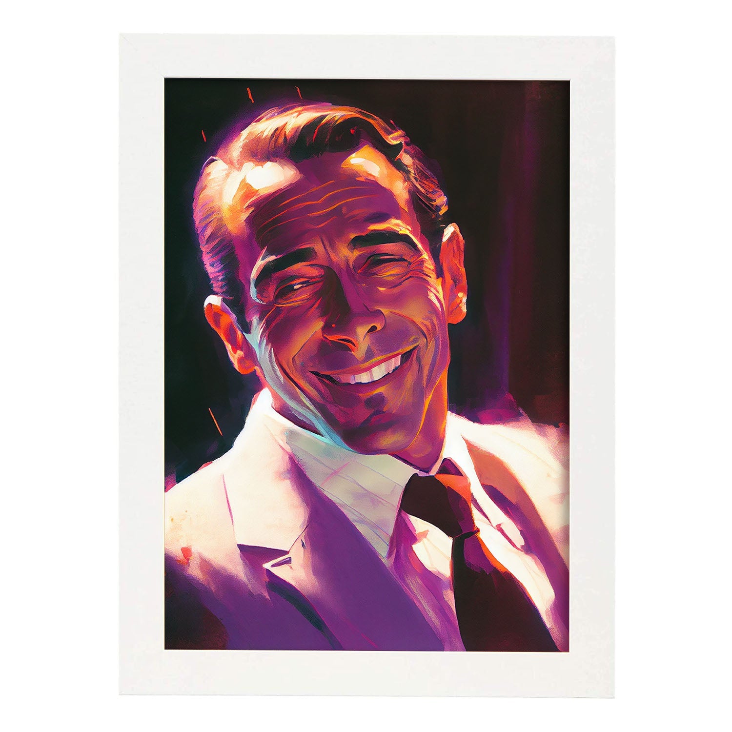 Nacnic Humphrey Bogart sonriendo estilo dinámico de estilo Pixar d. Estampados de arte de pared estético para el diseño de dormitorio o sala de estar.-Artwork-Nacnic-A4-Marco Blanco-Nacnic Estudio SL