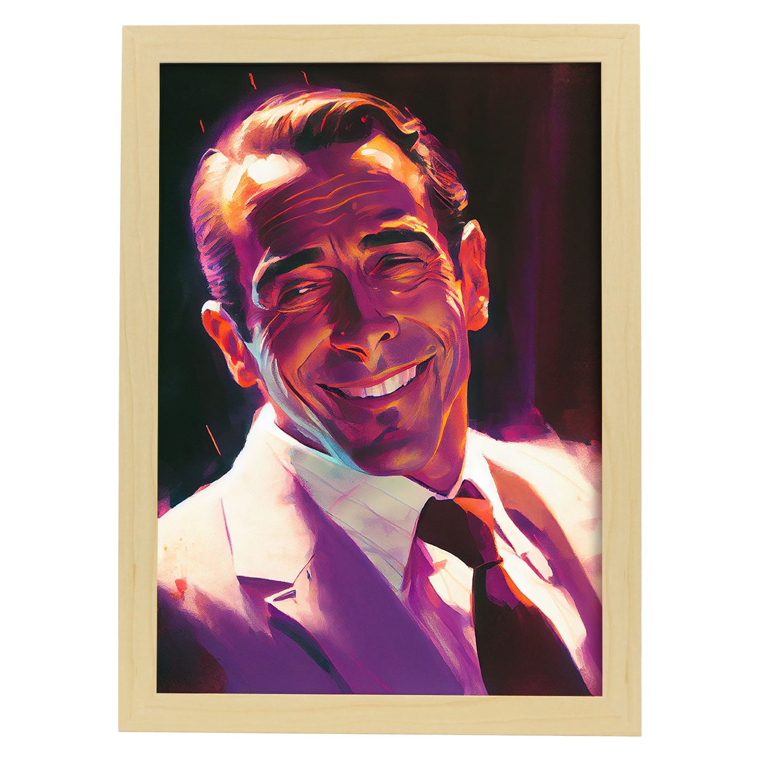 Nacnic Humphrey Bogart sonriendo estilo dinámico de estilo Pixar d. Estampados de arte de pared estético para el diseño de dormitorio o sala de estar.-Artwork-Nacnic-A4-Marco Madera clara-Nacnic Estudio SL