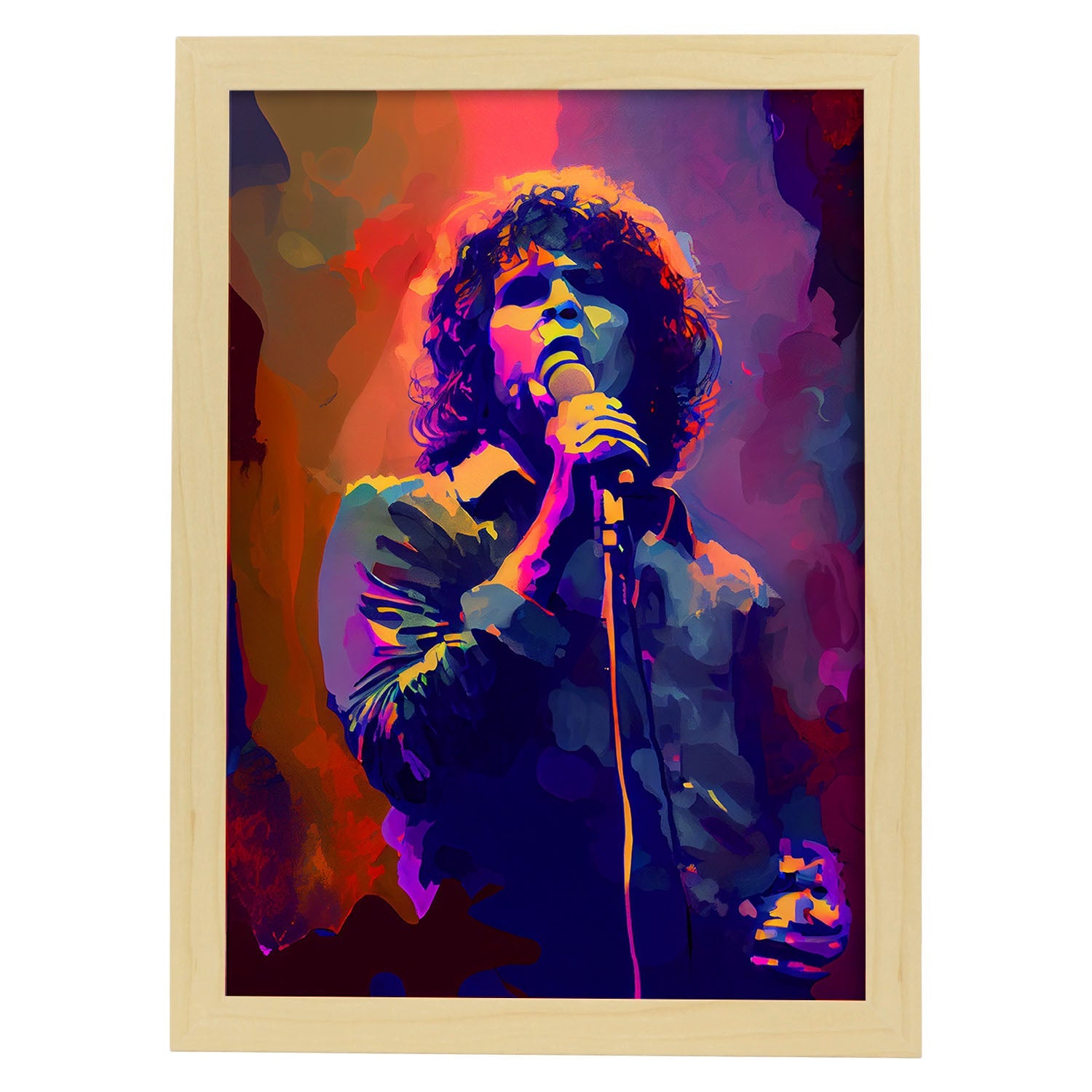 Nacnic Jim Morrison cantando y actuando al estilo Pixar Dyna. Estampados de arte de pared estético para el diseño de dormitorio o sala de estar.-Artwork-Nacnic-A4-Marco Madera clara-Nacnic Estudio SL