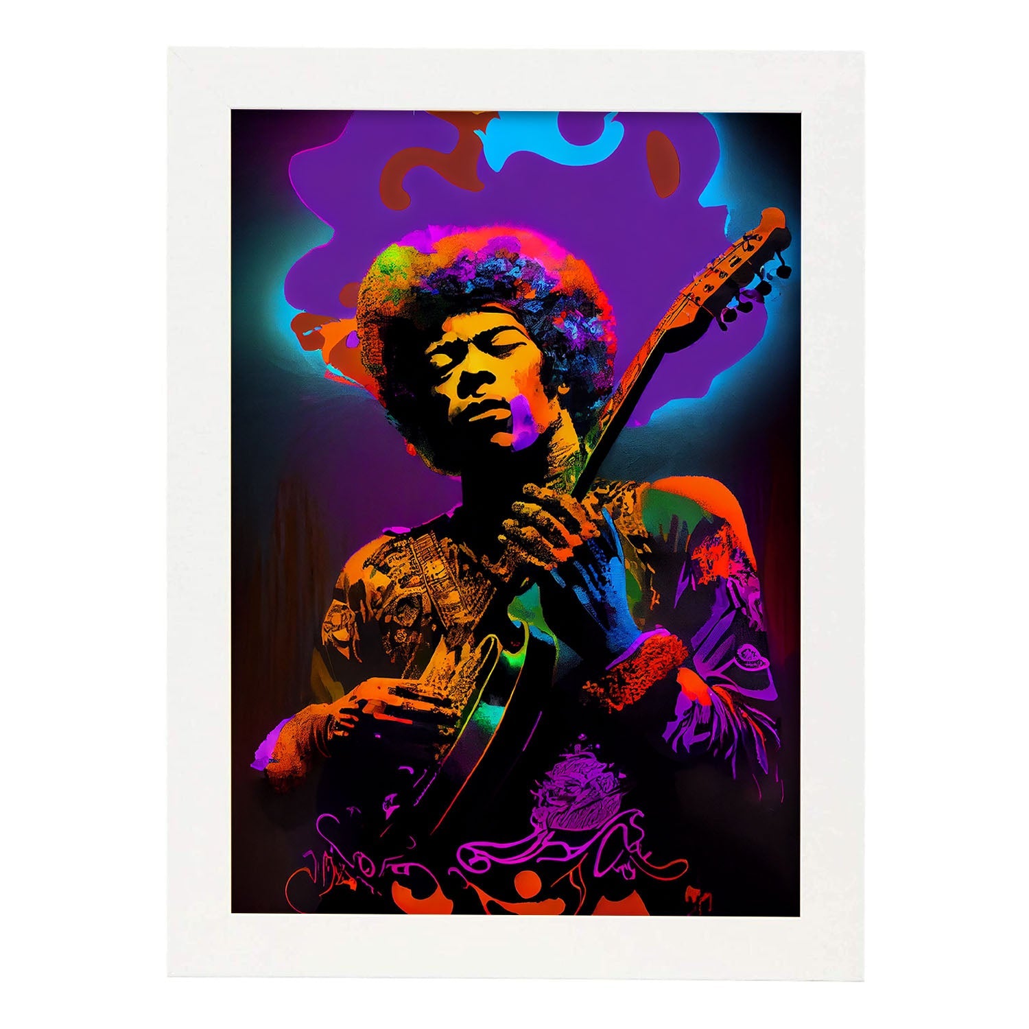 Nacnic Jimi Hendrix Live Show tocando música Pixar Style Dyn. Estampados de arte de pared estético para el diseño de dormitorio o sala de estar.-Artwork-Nacnic-A4-Marco Blanco-Nacnic Estudio SL