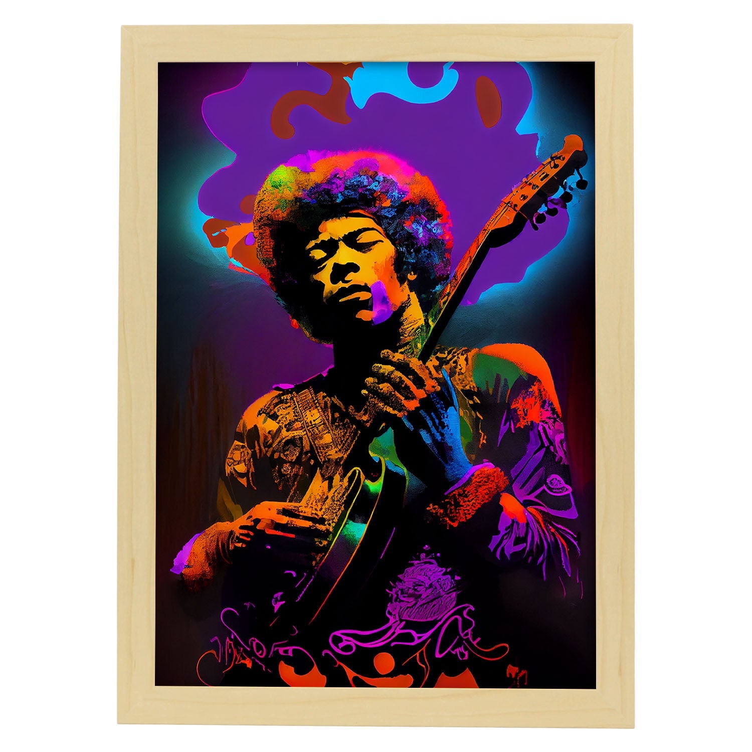 Nacnic Jimi Hendrix Live Show tocando música Pixar Style Dyn. Estampados de arte de pared estético para el diseño de dormitorio o sala de estar.-Artwork-Nacnic-A4-Marco Madera clara-Nacnic Estudio SL