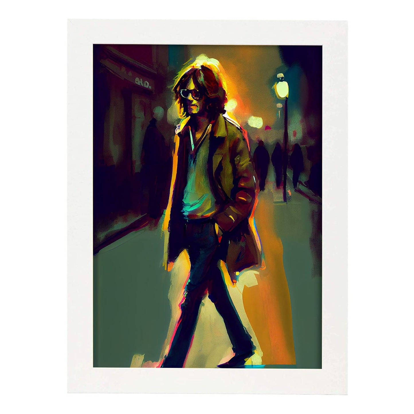 Nacnic John Lennon caminando por una dinami de estilo Pixar Sidewalk. Estampados de arte de pared estético para el diseño de dormitorio o sala de estar.-Artwork-Nacnic-A4-Marco Blanco-Nacnic Estudio SL