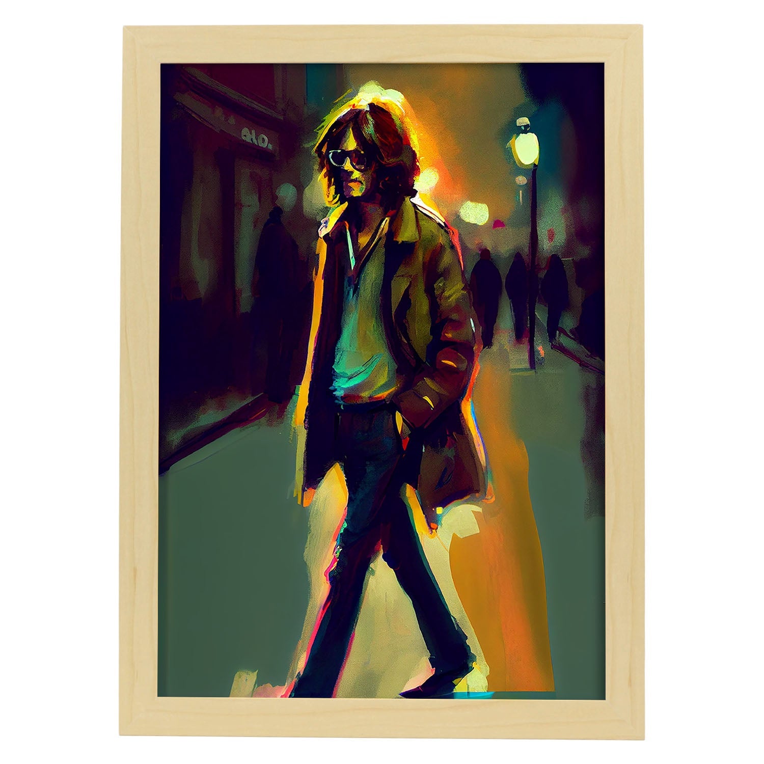 Nacnic John Lennon caminando por una dinami de estilo Pixar Sidewalk. Estampados de arte de pared estético para el diseño de dormitorio o sala de estar.-Artwork-Nacnic-A4-Marco Madera clara-Nacnic Estudio SL
