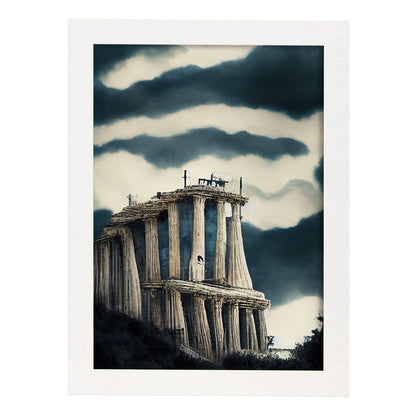 Nacnic Lámina Acrópolis de Atenas Generoso al estilo de T. Burton. Ilustraciones de monumentos, ciudades, paises inspiradas en arte gótico y oscuro. Diseño y Decoración de Interiores.-Artwork-Nacnic-A4-Marco Blanco-Nacnic Estudio SL