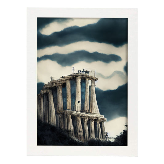 Nacnic Lámina Acrópolis de Atenas Generoso al estilo de T. Burton. Ilustraciones de monumentos, ciudades, paises inspiradas en arte gótico y oscuro. Diseño y Decoración de Interiores.-Artwork-Nacnic-A4-Marco Blanco-Nacnic Estudio SL