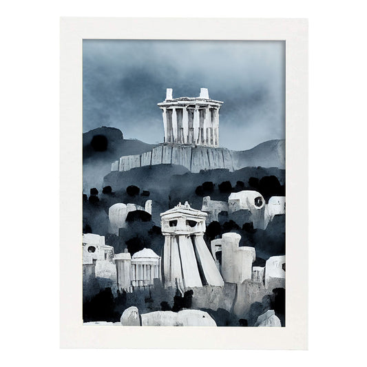Nacnic Lámina Acrópolis Humilde al estilo de T. Burton. Ilustraciones de monumentos, ciudades, paises inspiradas en arte gótico y oscuro. Diseño y Decoración de Interiores.-Artwork-Nacnic-A4-Marco Blanco-Nacnic Estudio SL