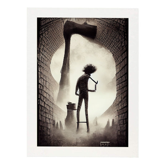 Nacnic Lámina Albañil Cariñoso al estilo de T. Burton. Ilustraciones de profesiones y oficios inspiradas en arte gótico y oscuro. Diseño y Decoración de Interiores.-Artwork-Nacnic-A4-Marco Blanco-Nacnic Estudio SL