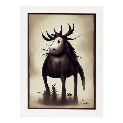 Nacnic Lámina Alce Cooperativo estilo T. Burton. Ilustraciones y pósters de animales inspirados en el arte gótico y oscuro de Burton. Diseño y Decoración de Interiores.-Artwork-Nacnic-A4-Marco Blanco-Nacnic Estudio SL