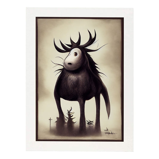 Nacnic Lámina Alce Cooperativo estilo T. Burton. Ilustraciones y pósters de animales inspirados en el arte gótico y oscuro de Burton. Diseño y Decoración de Interiores.-Artwork-Nacnic-A4-Marco Blanco-Nacnic Estudio SL