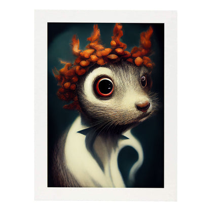 Nacnic Lámina Ardilla Compasivo estilo T. Burton. Ilustraciones y pósters de animales inspirados en el arte gótico y oscuro de Burton. Diseño y Decoración de Interiores.-Artwork-Nacnic-A4-Marco Blanco-Nacnic Estudio SL