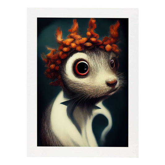 Nacnic Lámina Ardilla Compasivo estilo T. Burton. Ilustraciones y pósters de animales inspirados en el arte gótico y oscuro de Burton. Diseño y Decoración de Interiores.-Artwork-Nacnic-A4-Marco Blanco-Nacnic Estudio SL