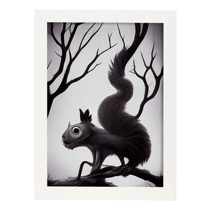 Nacnic Lámina Ardilla Dependiente estilo T. Burton. Ilustraciones y pósters de animales inspirados en el arte gótico y oscuro de Burton. Diseño y Decoración de Interiores.-Artwork-Nacnic-A4-Marco Blanco-Nacnic Estudio SL