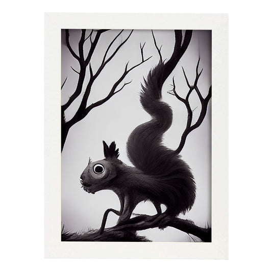 Nacnic Lámina Ardilla Dependiente estilo T. Burton. Ilustraciones y pósters de animales inspirados en el arte gótico y oscuro de Burton. Diseño y Decoración de Interiores.-Artwork-Nacnic-A4-Marco Blanco-Nacnic Estudio SL