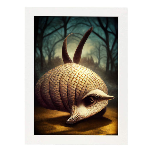 Nacnic Lámina Armadillo Racional estilo T. Burton. Ilustraciones y pósters de animales inspirados en el arte gótico y oscuro de Burton. Diseño y Decoración de Interiores.-Artwork-Nacnic-A4-Marco Blanco-Nacnic Estudio SL