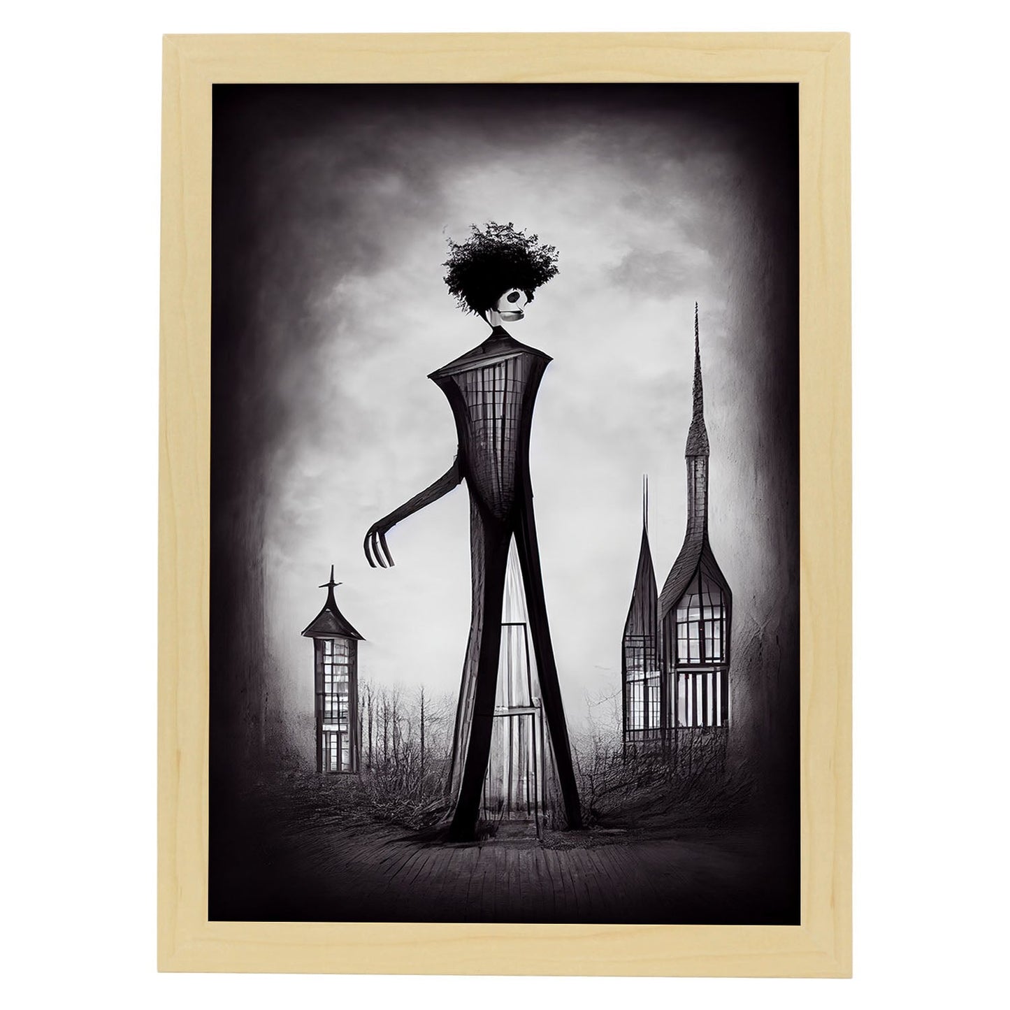 Nacnic Lámina Arquitecto Racional al estilo de T. Burton. Ilustraciones de profesiones y oficios inspiradas en arte gótico y oscuro. Diseño y Decoración de Interiores.-Artwork-Nacnic-A3-Marco Madera clara-Nacnic Estudio SL