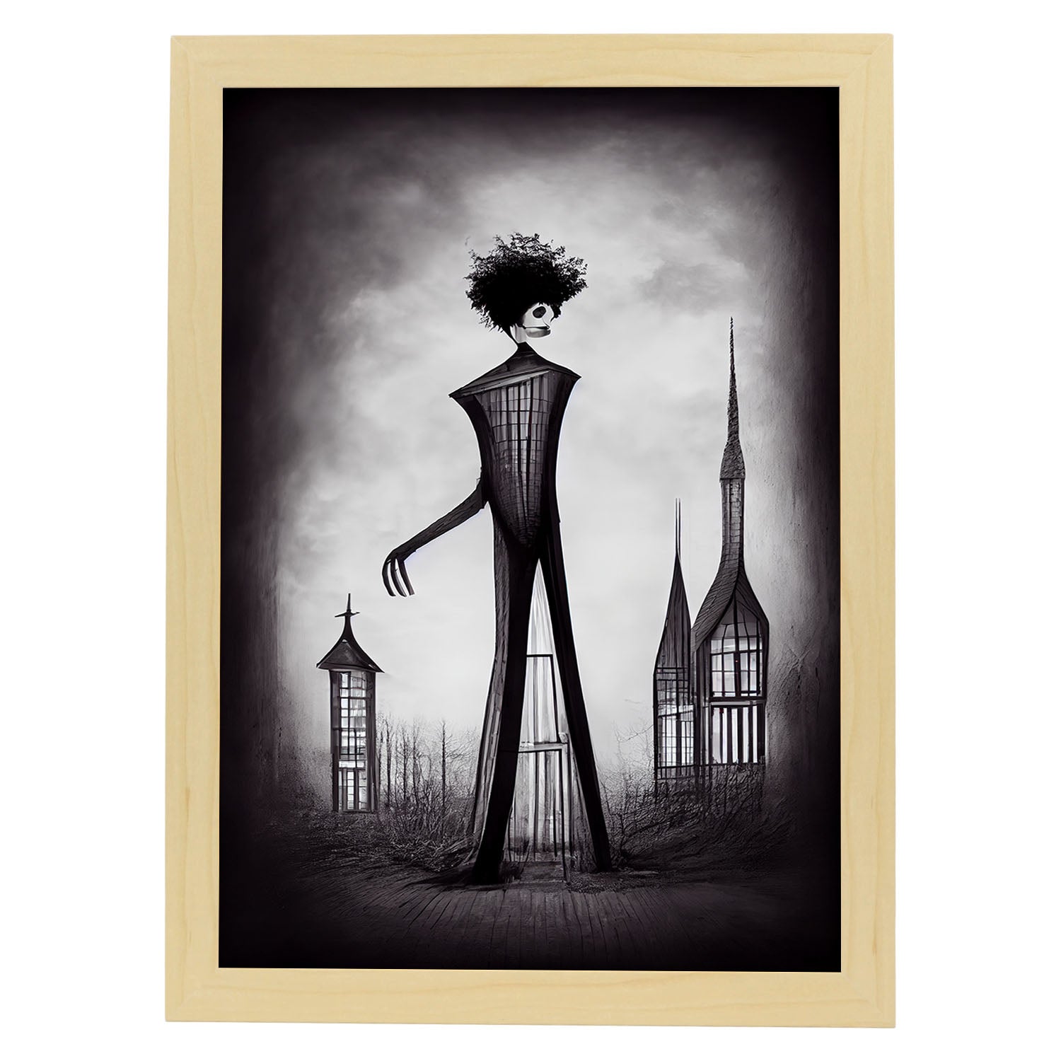 Nacnic Lámina Arquitecto Racional al estilo de T. Burton. Ilustraciones de profesiones y oficios inspiradas en arte gótico y oscuro. Diseño y Decoración de Interiores.-Artwork-Nacnic-A3-Marco Madera clara-Nacnic Estudio SL