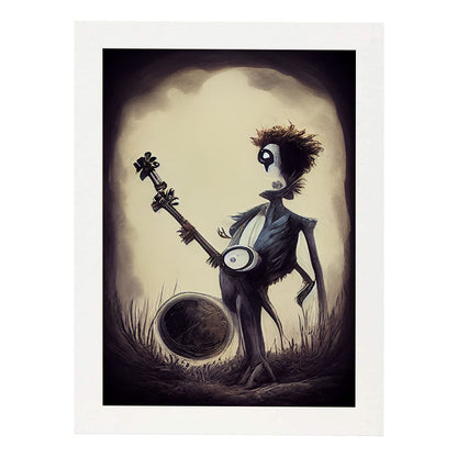 Nacnic Lámina Banjo humano Generoso al estilo de T. Burton. Ilustraciones de escenas y lugares inspiradas en arte gótico y oscuro. Diseño y Decoración de Interiores.-Artwork-Nacnic-A4-Marco Blanco-Nacnic Estudio SL