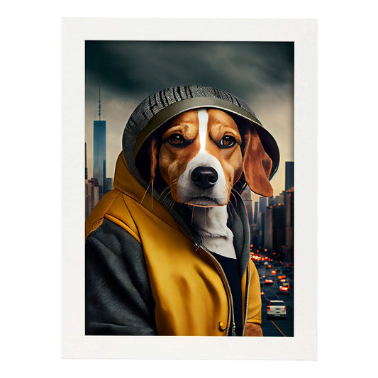 Nacnic Lámina Beagle Humilde en estilo Fotografía a todo color. Divertidas ilustraciones realistas de animales con ropa humana. Diseño y Decoración de Interiores.-Artwork-Nacnic-A4-Marco Blanco-Nacnic Estudio SL