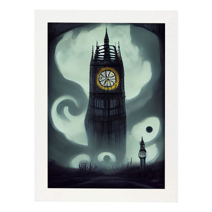 Nacnic Lámina Big Ben Energético al estilo de T. Burton. Ilustraciones de monumentos, ciudades, paises inspiradas en arte gótico y oscuro. Diseño y Decoración de Interiores.-Artwork-Nacnic-A4-Marco Blanco-Nacnic Estudio SL