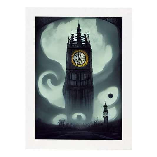 Nacnic Lámina Big Ben Energético al estilo de T. Burton. Ilustraciones de monumentos, ciudades, paises inspiradas en arte gótico y oscuro. Diseño y Decoración de Interiores.-Artwork-Nacnic-A4-Marco Blanco-Nacnic Estudio SL