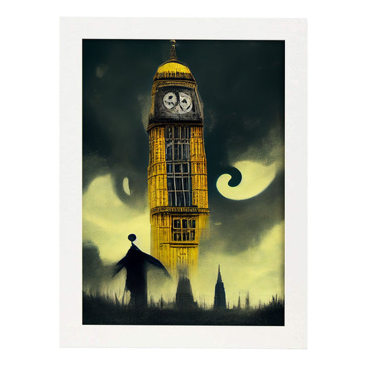 Nacnic Lámina Big Ben Generoso al estilo de T. Burton. Ilustraciones de monumentos, ciudades, paises inspiradas en arte gótico y oscuro. Diseño y Decoración de Interiores.-Artwork-Nacnic-A4-Marco Blanco-Nacnic Estudio SL