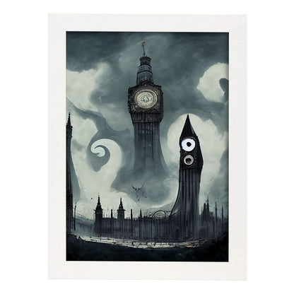 Nacnic Lámina Big Ben Inglaterra al estilo de T. Burton. Ilustraciones de monumentos, ciudades, paises inspiradas en arte gótico y oscuro. Diseño y Decoración de Interiores.-Artwork-Nacnic-A4-Marco Blanco-Nacnic Estudio SL