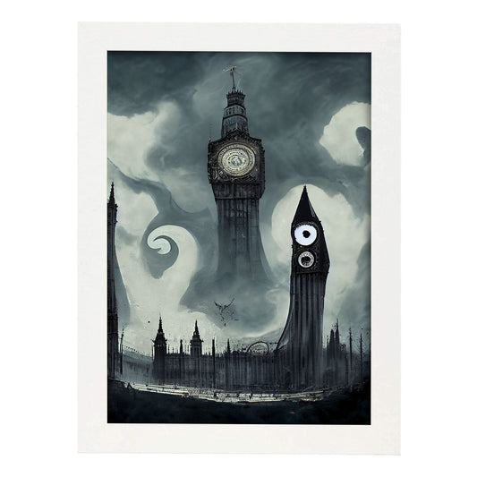 Nacnic Lámina Big Ben Inglaterra al estilo de T. Burton. Ilustraciones de monumentos, ciudades, paises inspiradas en arte gótico y oscuro. Diseño y Decoración de Interiores.-Artwork-Nacnic-A4-Marco Blanco-Nacnic Estudio SL
