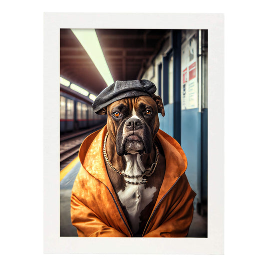 Nacnic Lámina Boxer tranquilo Humilde en estilo Fotografía a todo color. Divertidas ilustraciones realistas de animales con ropa humana. Diseño y Decoración de Interiores.-Artwork-Nacnic-A4-Marco Blanco-Nacnic Estudio SL
