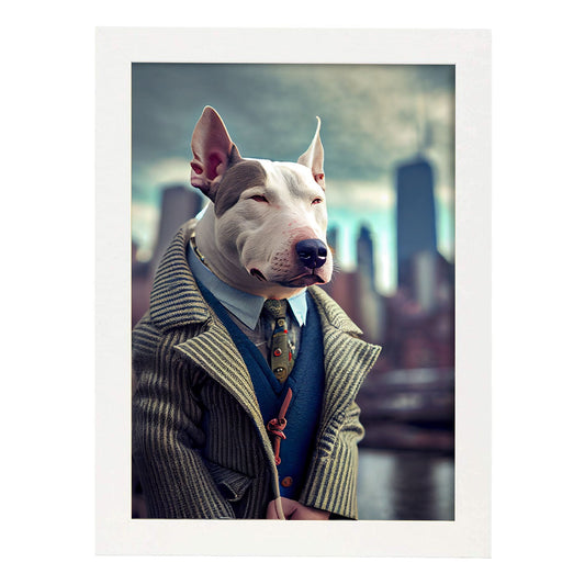Nacnic Lámina Bull Terrier Paciente en estilo Fotografía a todo color. Divertidas ilustraciones realistas de animales con ropa humana. Diseño y Decoración de Interiores.-Artwork-Nacnic-A4-Marco Blanco-Nacnic Estudio SL