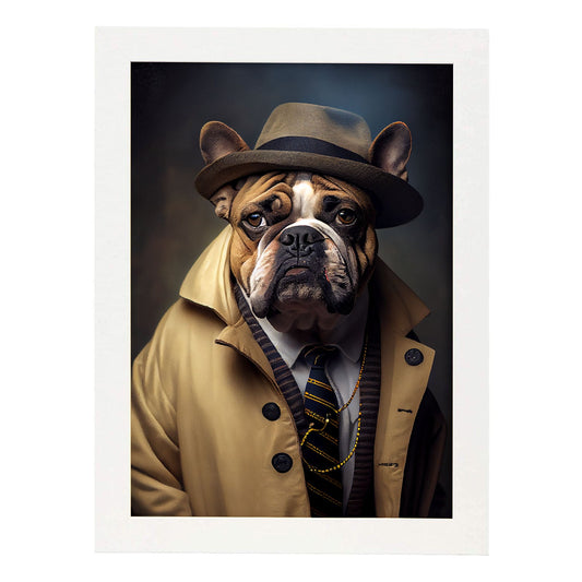 Nacnic Lámina Bulldog 2 Energético en estilo Fotografía a todo color. Divertidas ilustraciones realistas de animales con ropa humana. Diseño y Decoración de Interiores.-Artwork-Nacnic-A4-Marco Blanco-Nacnic Estudio SL