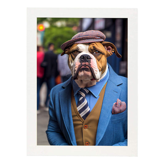 Nacnic Lámina Bulldog americano Generoso en estilo Fotografía a todo color. Divertidas ilustraciones realistas de animales con ropa humana. Diseño y Decoración de Interiores.-Artwork-Nacnic-A4-Marco Blanco-Nacnic Estudio SL