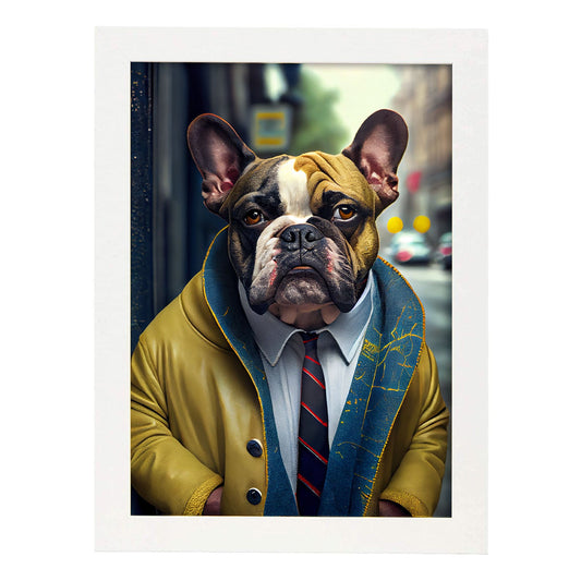 Nacnic Lámina Bulldog de amarillo Compasivo en estilo Fotografía a todo color. Divertidas ilustraciones realistas de animales con ropa humana. Diseño y Decoración de Interiores.-Artwork-Nacnic-A4-Marco Blanco-Nacnic Estudio SL