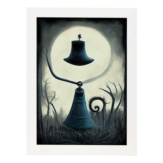 Nacnic Lámina Campana Paciente al estilo de T. Burton. Ilustraciones de escenas y lugares inspiradas en arte gótico y oscuro. Diseño y Decoración de Interiores.-Artwork-Nacnic-A4-Marco Blanco-Nacnic Estudio SL