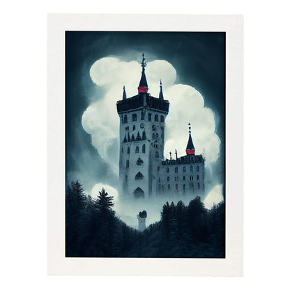 Nacnic Lámina Castillo Neuschwanstein Imaginativo al estilo de T. Burton. Ilustraciones de monumentos, ciudades, paises inspiradas en arte gótico y oscuro. Diseño y Decoración de Interiores.-Artwork-Nacnic-A4-Marco Blanco-Nacnic Estudio SL