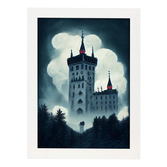 Nacnic Lámina Castillo Neuschwanstein Imaginativo al estilo de T. Burton. Ilustraciones de monumentos, ciudades, paises inspiradas en arte gótico y oscuro. Diseño y Decoración de Interiores.-Artwork-Nacnic-A4-Marco Blanco-Nacnic Estudio SL