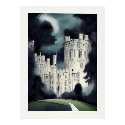 Nacnic Lámina Castillo Windsor de noche Confiado al estilo de T. Burton. Ilustraciones de monumentos, ciudades, paises inspiradas en arte gótico y oscuro. Diseño y Decoración de Interiores.-Artwork-Nacnic-A4-Marco Blanco-Nacnic Estudio SL