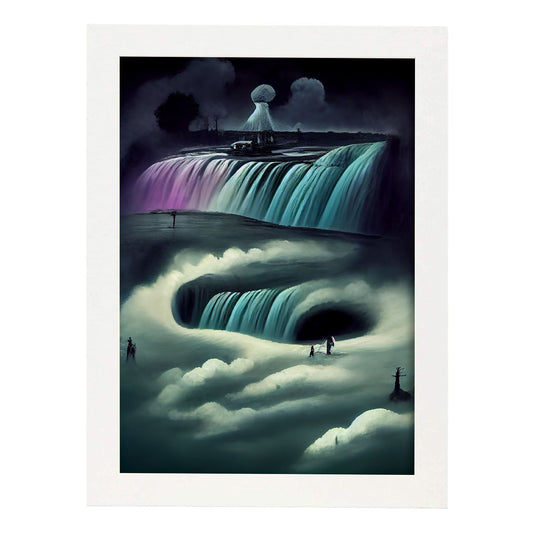 Nacnic Lámina Cataratas Niagara Imaginativo al estilo de T. Burton. Ilustraciones de monumentos, ciudades, paises inspiradas en arte gótico y oscuro. Diseño y Decoración de Interiores.-Artwork-Nacnic-A4-Marco Blanco-Nacnic Estudio SL