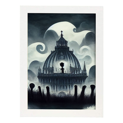 Nacnic Lámina Catedral San Basilio Racional al estilo de T. Burton. Ilustraciones de monumentos, ciudades, paises inspiradas en arte gótico y oscuro. Diseño y Decoración de Interiores.-Artwork-Nacnic-A4-Marco Blanco-Nacnic Estudio SL