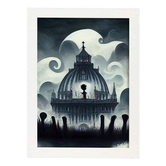 Nacnic Lámina Catedral San Basilio Racional al estilo de T. Burton. Ilustraciones de monumentos, ciudades, paises inspiradas en arte gótico y oscuro. Diseño y Decoración de Interiores.-Artwork-Nacnic-A4-Marco Blanco-Nacnic Estudio SL
