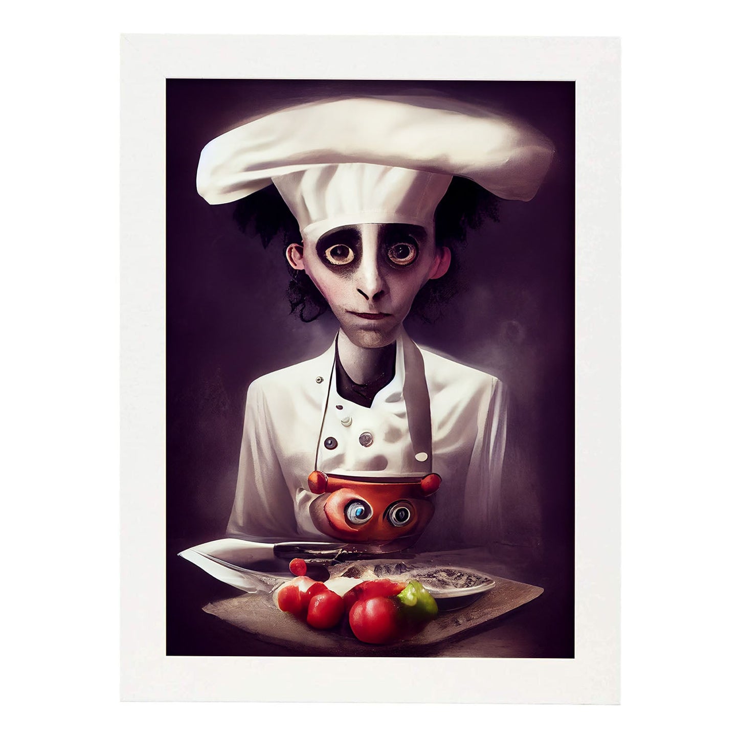 Nacnic Lámina Chef Compasivo al estilo de T. Burton. Ilustraciones de profesiones y oficios inspiradas en arte gótico y oscuro. Diseño y Decoración de Interiores.-Artwork-Nacnic-A4-Marco Blanco-Nacnic Estudio SL