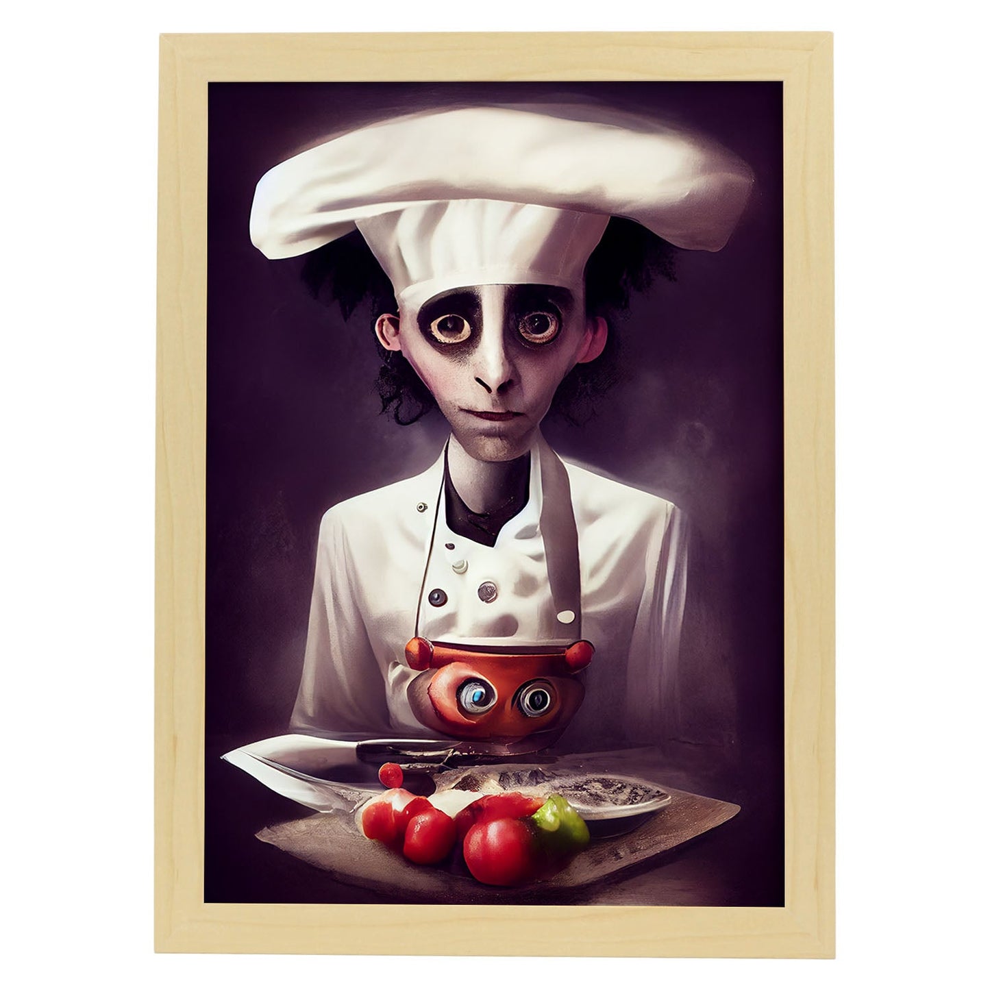 Nacnic Lámina Chef Compasivo al estilo de T. Burton. Ilustraciones de profesiones y oficios inspiradas en arte gótico y oscuro. Diseño y Decoración de Interiores.-Artwork-Nacnic-A4-Marco Madera clara-Nacnic Estudio SL