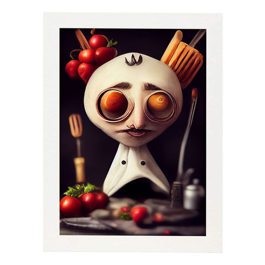 Nacnic Lámina Chef Leal al estilo de T. Burton. Ilustraciones de profesiones y oficios inspiradas en arte gótico y oscuro. Diseño y Decoración de Interiores.-Artwork-Nacnic-A4-Marco Blanco-Nacnic Estudio SL