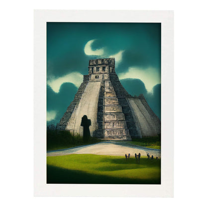 Nacnic Lámina Chichen Itza 1 Amistoso al estilo de T. Burton. Ilustraciones de monumentos, ciudades, paises inspiradas en arte gótico y oscuro. Diseño y Decoración de Interiores.-Artwork-Nacnic-A4-Marco Blanco-Nacnic Estudio SL