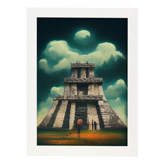 Nacnic Lámina Chichen Itza Creativo al estilo de T. Burton. Ilustraciones de monumentos, ciudades, paises inspiradas en arte gótico y oscuro. Diseño y Decoración de Interiores.-Artwork-Nacnic-A4-Marco Blanco-Nacnic Estudio SL