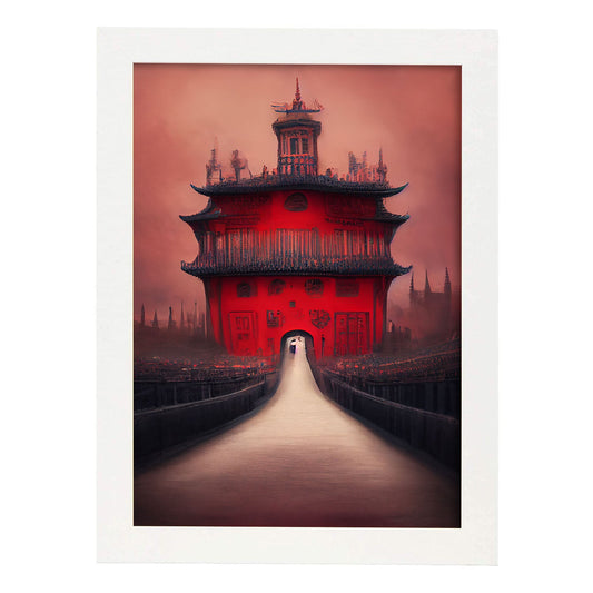 Nacnic Lámina Ciudad Prohibida Amable al estilo de T. Burton. Ilustraciones de monumentos, ciudades, paises inspiradas en arte gótico y oscuro. Diseño y Decoración de Interiores.-Artwork-Nacnic-A4-Marco Blanco-Nacnic Estudio SL