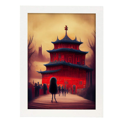 Nacnic Lámina Ciudad Prohibida Racional al estilo de T. Burton. Ilustraciones de monumentos, ciudades, paises inspiradas en arte gótico y oscuro. Diseño y Decoración de Interiores.-Artwork-Nacnic-A4-Marco Blanco-Nacnic Estudio SL