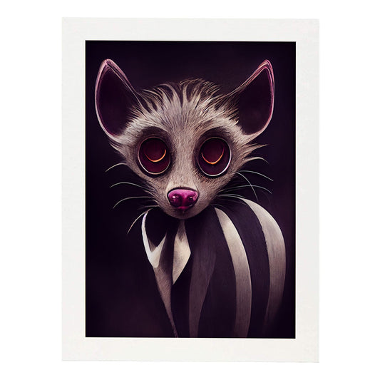 Nacnic Lámina Civeta Imaginativo estilo T. Burton. Ilustraciones y pósters de animales inspirados en el arte gótico y oscuro de Burton. Diseño y Decoración de Interiores.-Artwork-Nacnic-A4-Marco Blanco-Nacnic Estudio SL