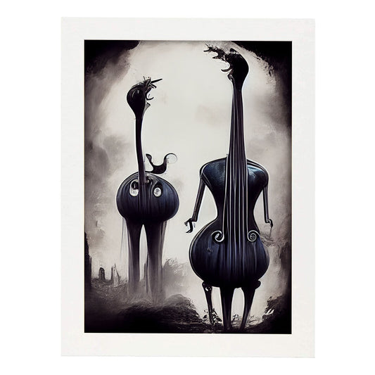 Nacnic Lámina Contrabajo Paciente al estilo de T. Burton. Ilustraciones de escenas y lugares inspiradas en arte gótico y oscuro. Diseño y Decoración de Interiores.-Artwork-Nacnic-A4-Marco Blanco-Nacnic Estudio SL